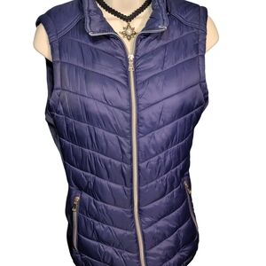 YMI Collection Women's Puffer Ribbed Vest Navy Blue Gold Zip Pockets Size Large